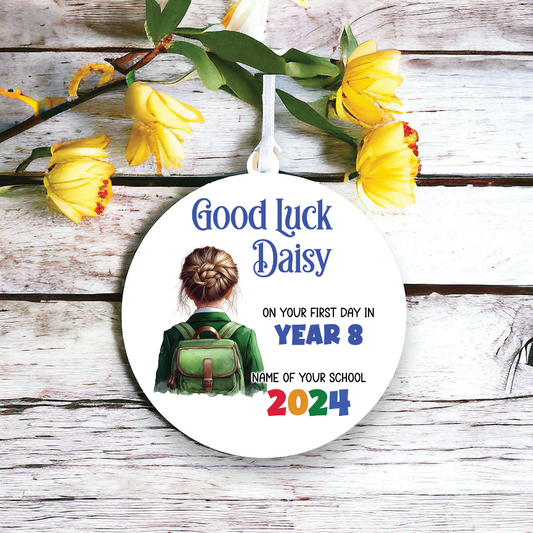 Personalised Back to School Good Luck Hanging Decoration with school child wearing backpack ready for first day of school - Keepsake Gift, by Floppsie Moppsie – floppsiemoppsie at floppsiemoppsie.co.uk