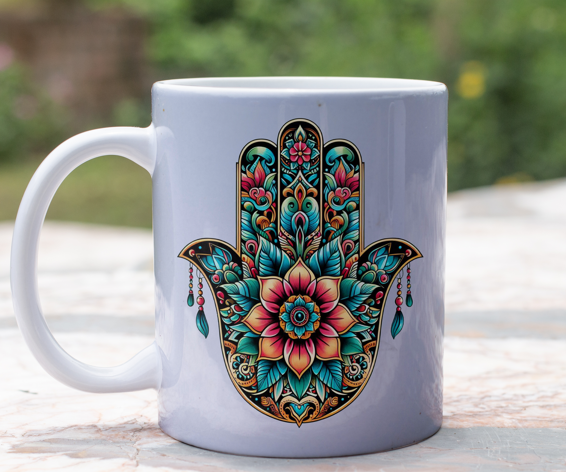 Personalised Keepsake Hamsa Hand - Gift Mug, by Floppsie Moppsie – floppsiemoppsie at floppsiemoppsie.co.uk