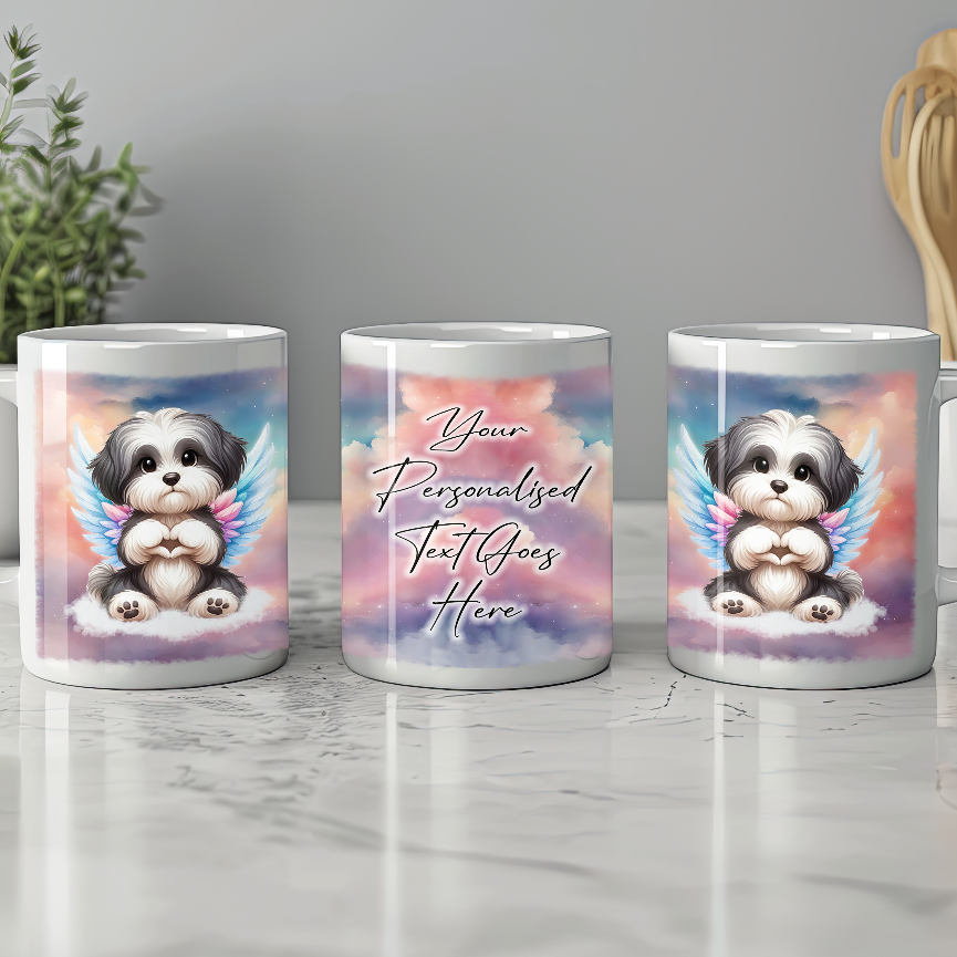 Personalised Dog Memorial Mug of Havanese with wings in clouds making a heart sign - Keepsake Gift Mug, by Floppsie Moppsie – floppsiemoppsie at floppsiemoppsie.co.uk