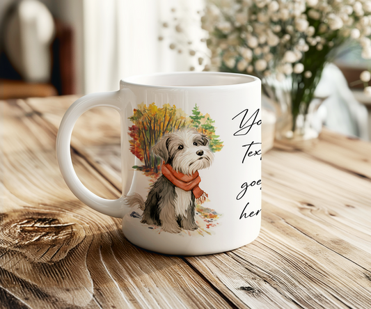 Personalised Havanese Pet Dog Gift Mug wearing an Autumn scarf on a walk
