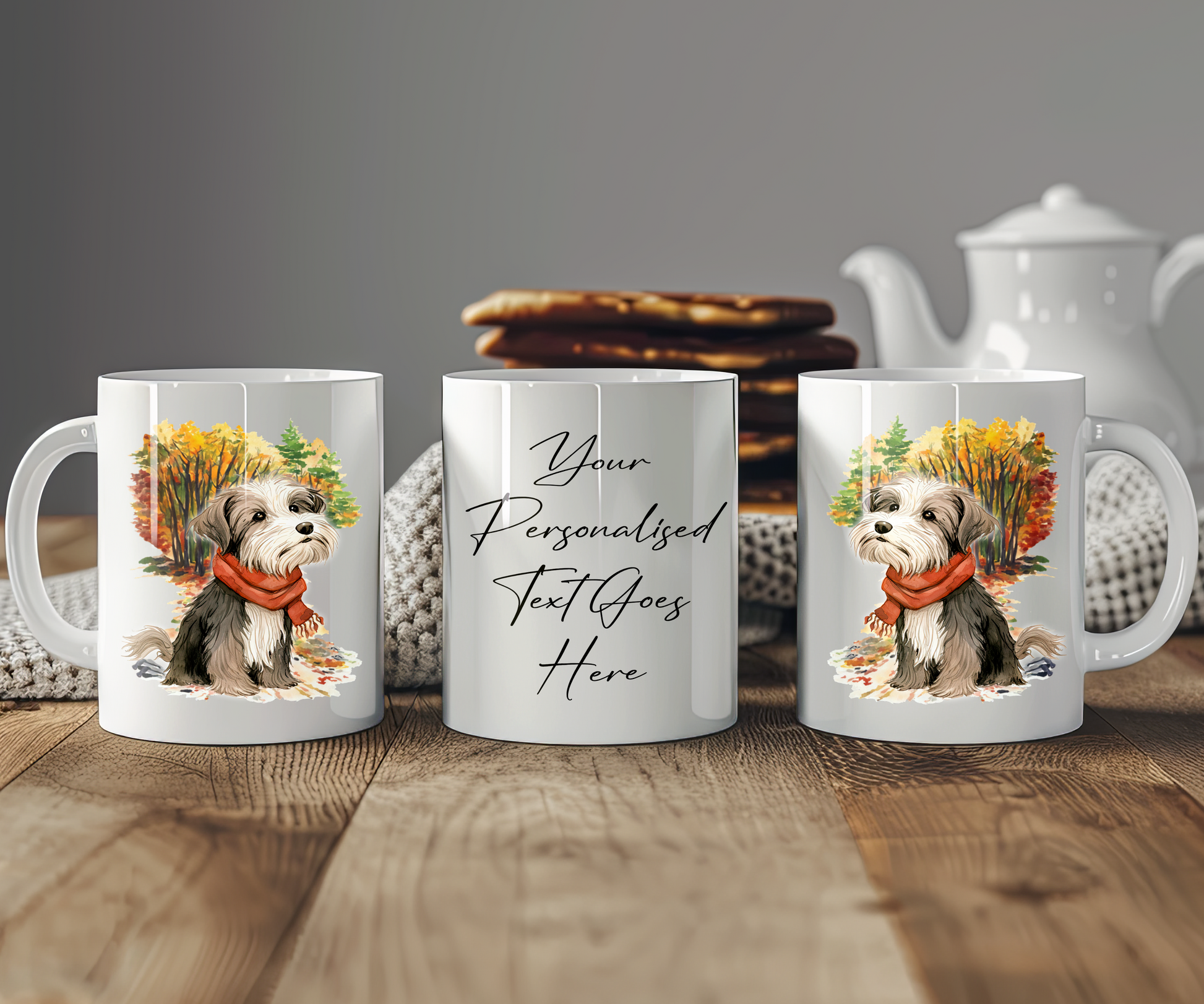 Personalised Havanese Pet Dog Gift Mug wearing an Autumn scarf on a walk