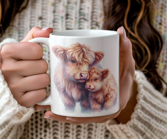 Personalised Keepsake Highland Cow - Parent and Child - Gift Mug, by Floppsie Moppsie – floppsiemoppsie at floppsiemoppsie.co.uk