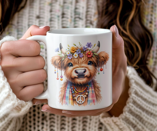 Personalised Keepsake Hippie Highland Cow - Gift Mug, by Floppsie Moppsie – floppsiemoppsie at floppsiemoppsie.co.uk