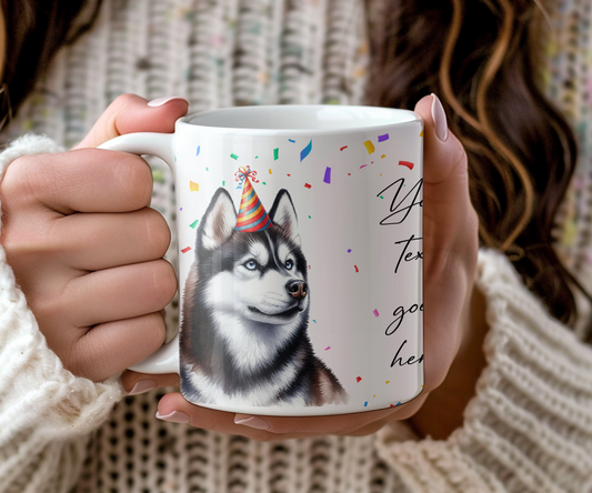 Personalised Dog Gift Mug - Huskey with Birthday Congratulations Party Hat