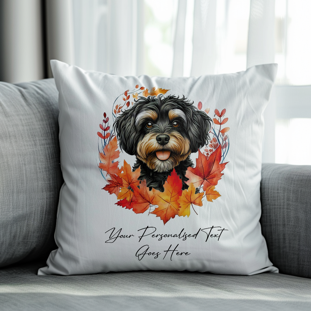 Personalised Jackapoo in an Autumn wreath - Keepsake Gift cushion, by Floppsie Moppsie – floppsiemoppsie at floppsiemoppsie.co.uk