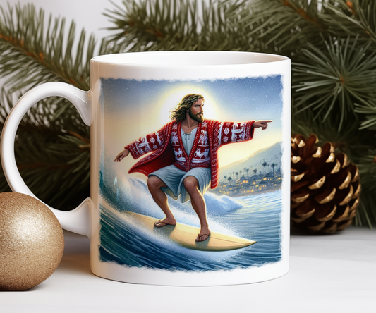 Personalised Christmas Jumper Jesus Surfing Gift Mug