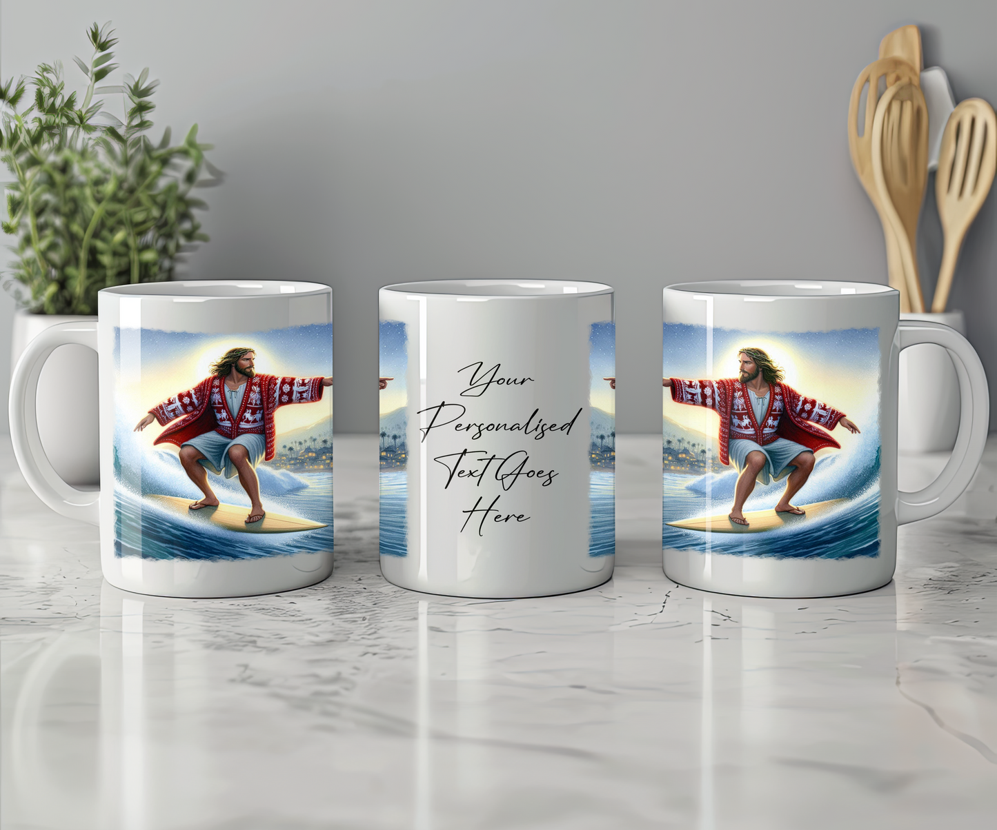 Personalised Christmas Jumper Jesus Surfing Gift Mug