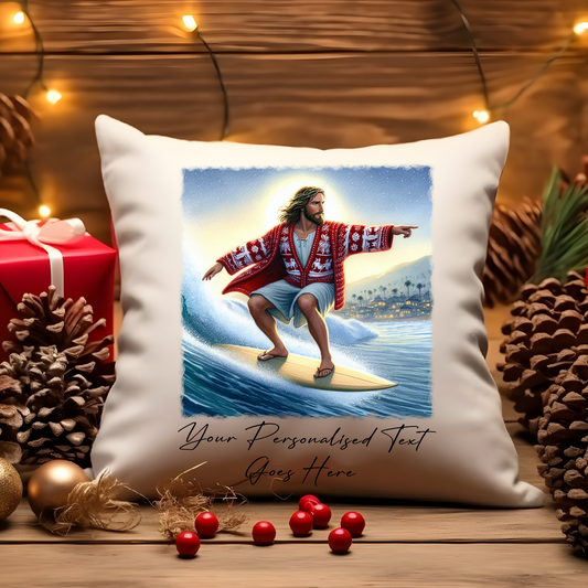 Personalised Christmas Jumper Jesus Surfing - Cushion Cover Gift