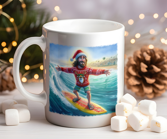 Personalised Christmas Jumper Jesus Surfing Gift Mug - Style B