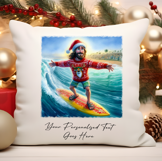 Personalised Christmas Jumper Jesus Surfing - Cushion Cover Gift - Style B