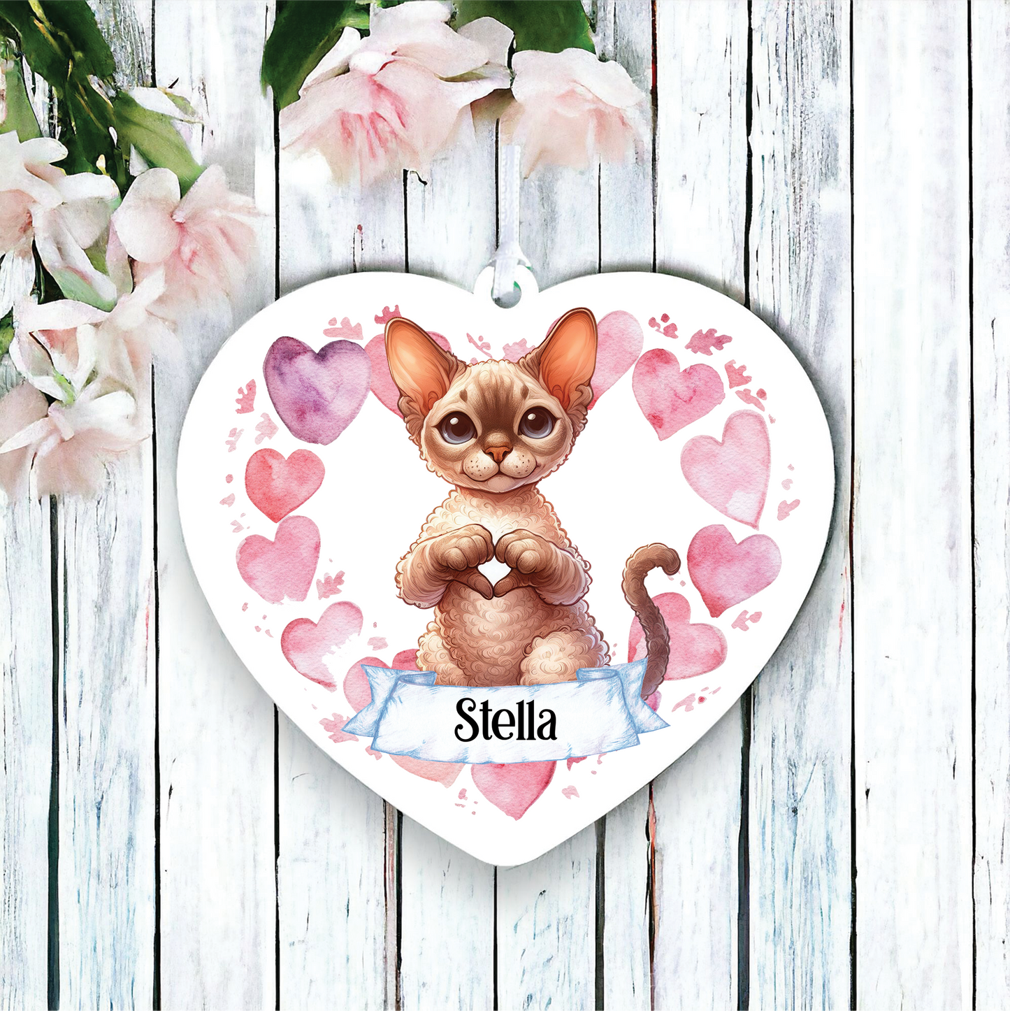 Personalised Devon Rex Cat Heart Hand Love Decoration
