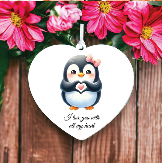 Personalised Cute Penguin Love Heart Hand Decoration