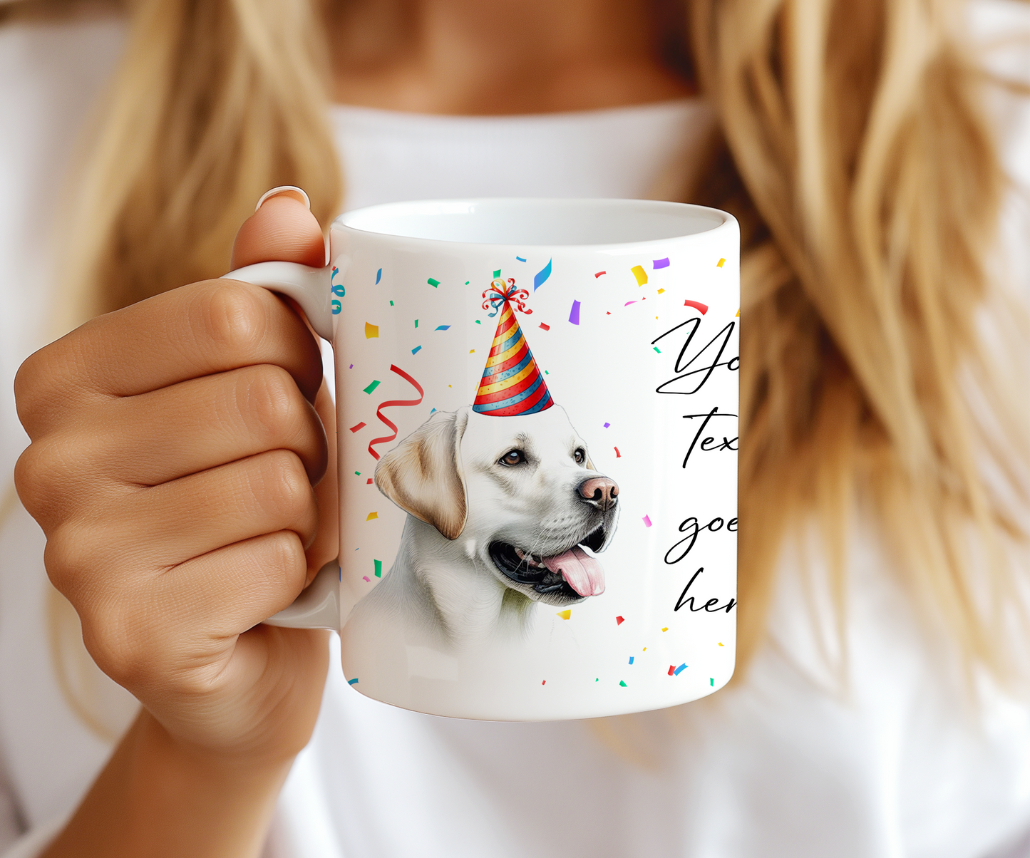 Personalised Dog Gift Mug - White Labrador with Birthday Congratulations Party Hat