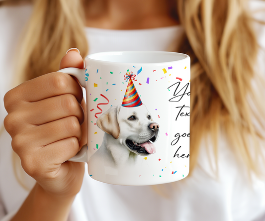 Personalised Dog Gift Mug - White Labrador with Birthday Congratulations Party Hat