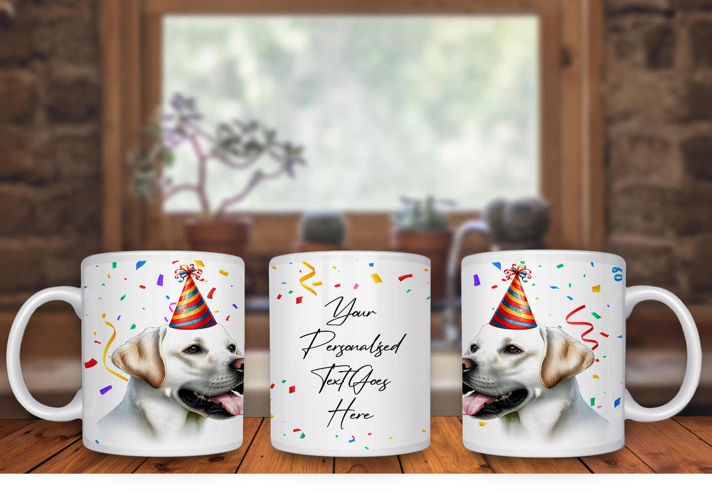 Personalised Dog Gift Mug - White Labrador with Birthday Congratulations Party Hat