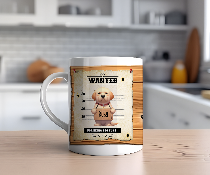 Personalised WANTED Pet Dog mug of a cute Labrador Retriever on a wanted poster - Keepsake Gift, by Floppsie Moppsie – floppsiemoppsie at floppsiemoppsie.co.uk