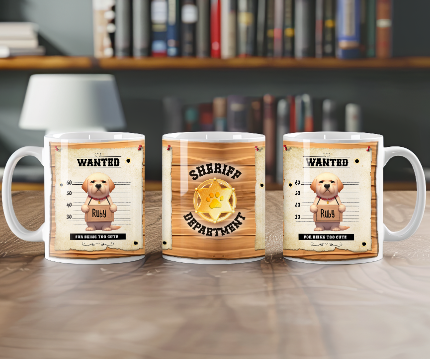 Personalised WANTED Pet Dog mug of a cute Labrador Retriever on a wanted poster - Keepsake Gift, by Floppsie Moppsie – floppsiemoppsie at floppsiemoppsie.co.uk