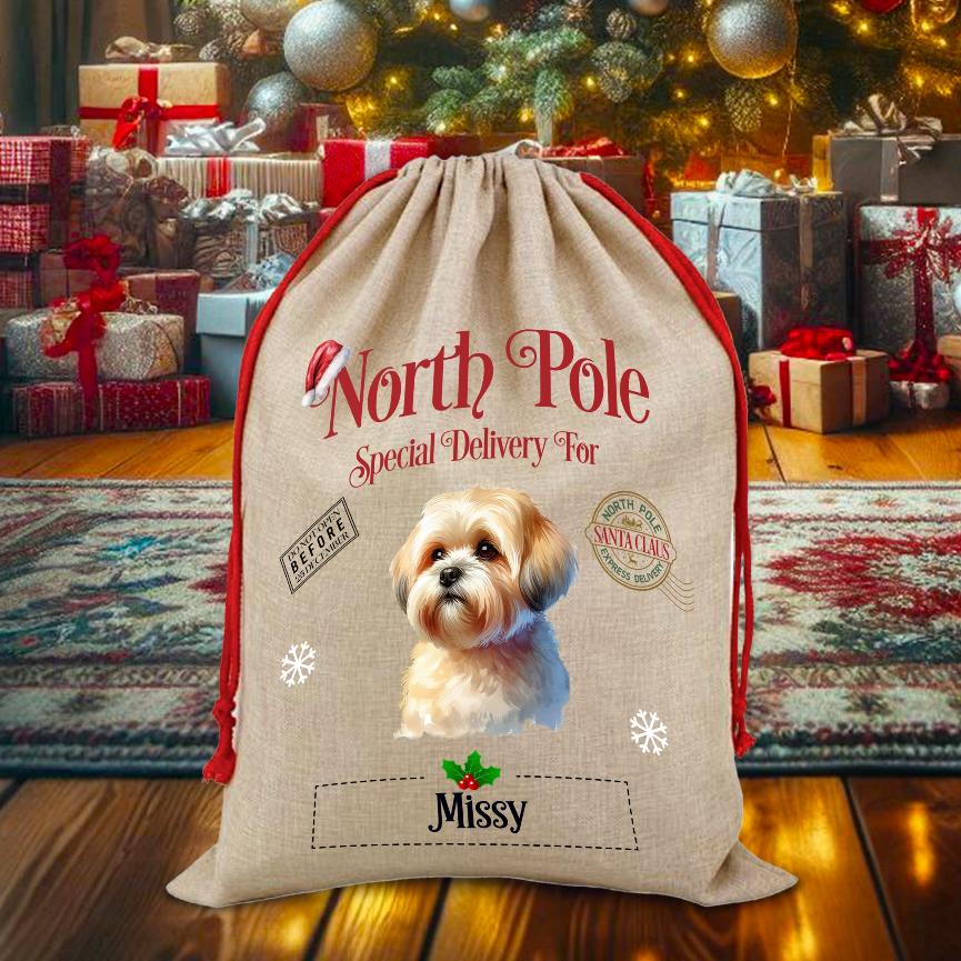Personalised Dog Shorthaired Lhasa Apso – North Pole Special Delivery Santa Sack Pet Gift, by Floppsie Moppsie – floppsiemoppsie at floppsiemoppsie.co.uk