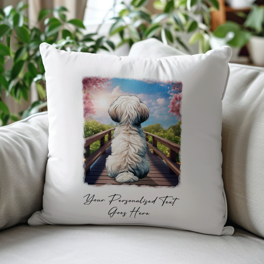 Personalised Maltese – Looking out across a Bridge Pet Gift Cushion, by Floppsie Moppsie – floppsiemoppsie at floppsiemoppsie.co.uk