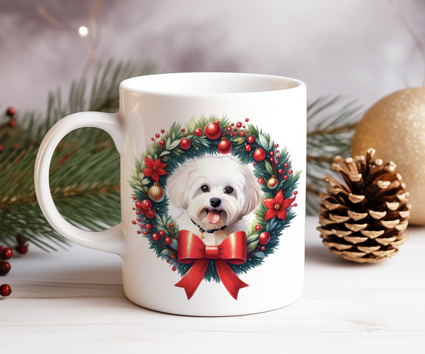 Personalised Maltese Dog Christmas Wreath Gift Mug
