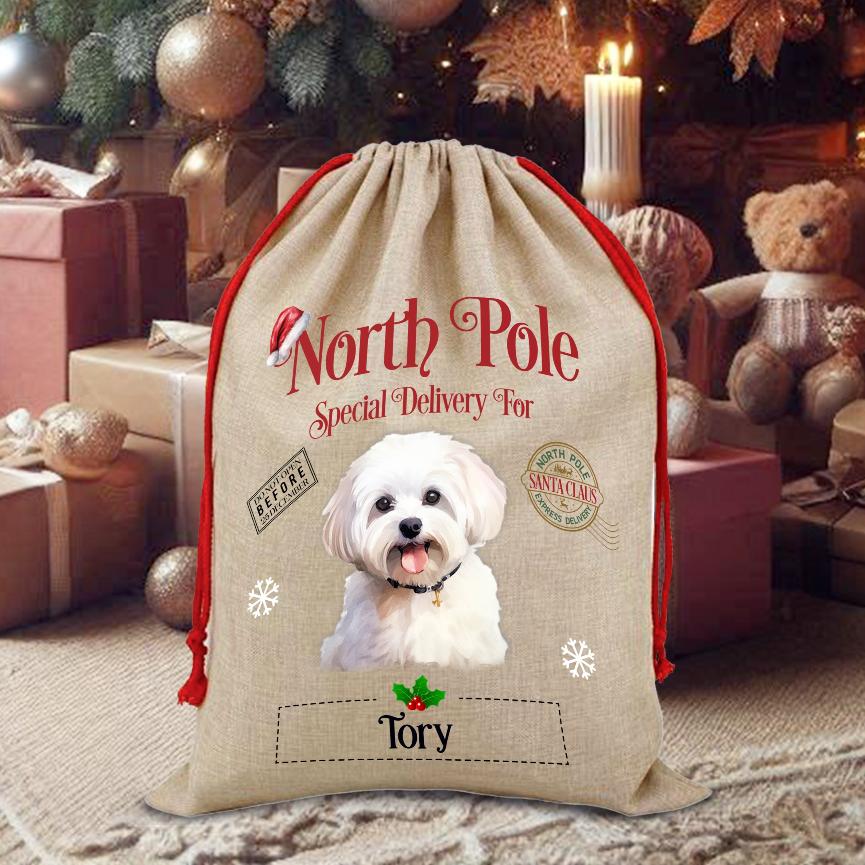 Personalised Dog Maltese – North Pole Special Delivery Santa Sack Pet Gift, by Floppsie Moppsie – floppsiemoppsie at floppsiemoppsie.co.uk