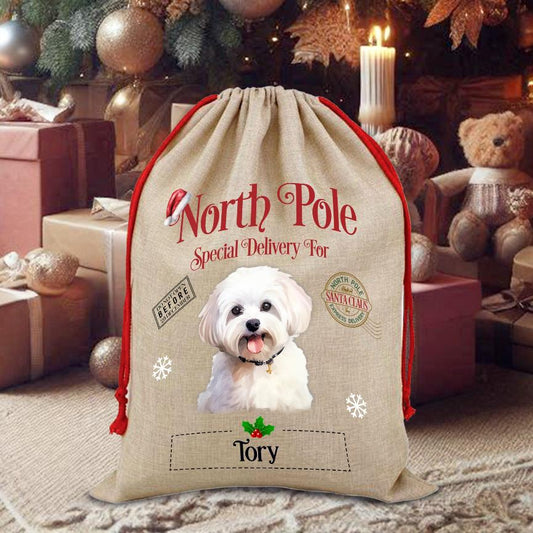 Personalised Dog Maltese – North Pole Special Delivery Santa Sack Pet Gift, by Floppsie Moppsie – floppsiemoppsie at floppsiemoppsie.co.uk