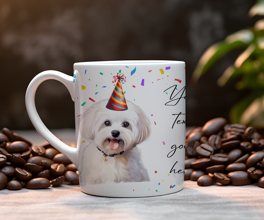 Personalised Dog Gift Mug - Maltese with Birthday Congratulations Party Hat