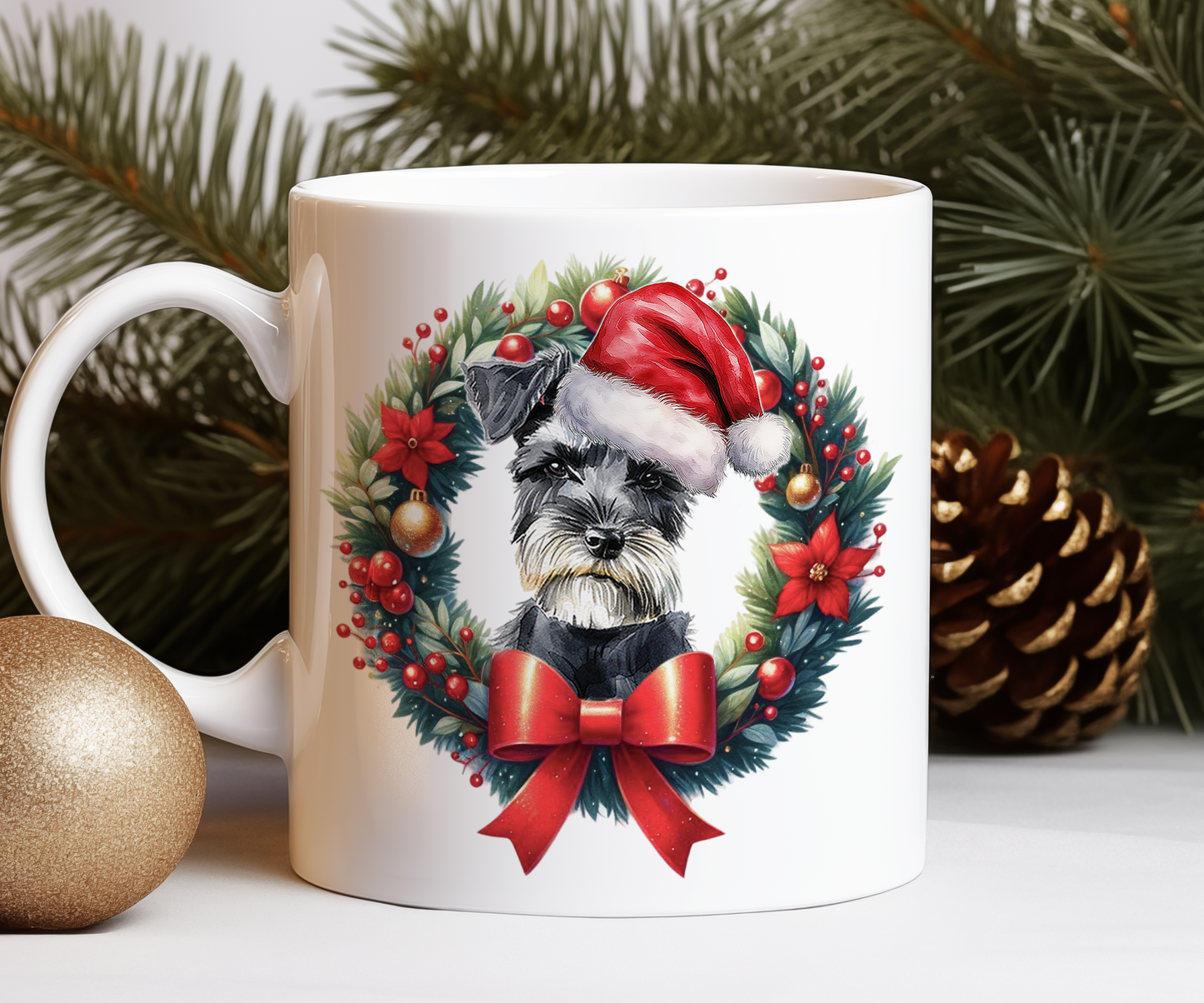 Personalised Miniature Schnauzer Dog Christmas Wreath Gift Mug