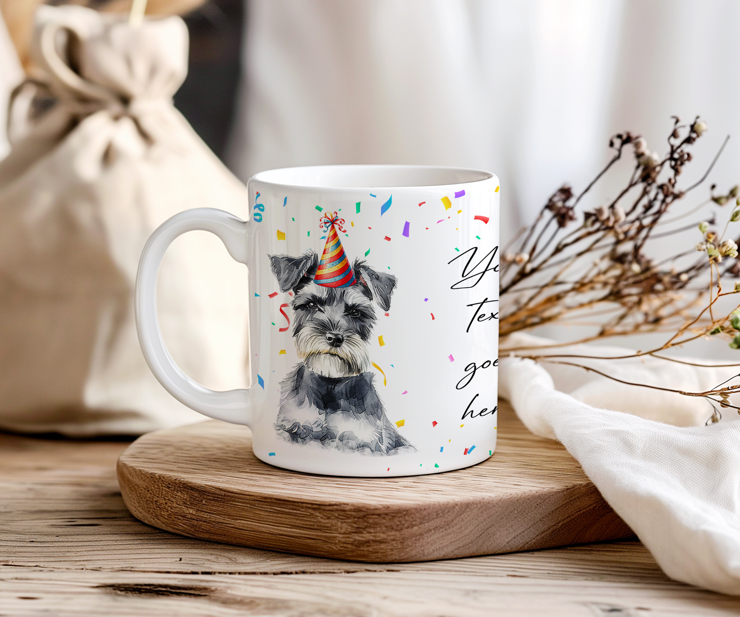 Personalised Dog Gift Mug - Miniature Schnauzer with Birthday Congratulations Party Hat