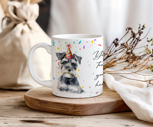 Personalised Dog Gift Mug - Miniature Schnauzer with Birthday Congratulations Party Hat