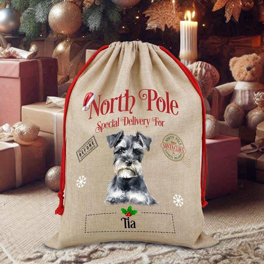 Personalised Dog Miniature Schnauzer – North Pole Special Delivery Santa Sack Pet Gift, by Floppsie Moppsie – floppsiemoppsie at floppsiemoppsie.co.uk