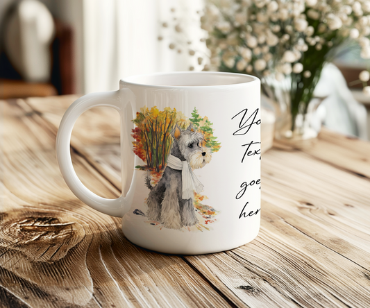 Personalised Schnauzer Pet Dog Gift Mug wearing an Autumn scarf on a walk