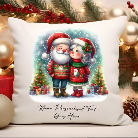Personalised Mr and Mrs Santa Claus Couple in Christmas Jumpers - Cushion Cover Gift - Style B