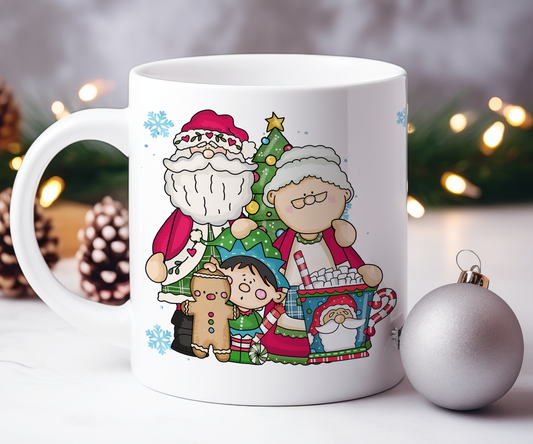 Personalised Whimsical Christmas Mr and Mrs Santa Claus and Elf Gift Mug