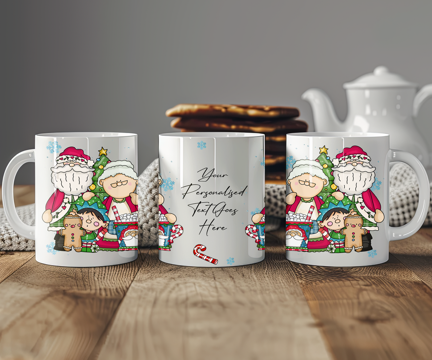 Personalised Whimsical Christmas Mr and Mrs Santa Claus and Elf Gift Mug