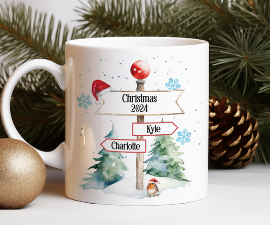 Personalised Christmas North Pole Sign Christmas with 2 Names Gift Mug