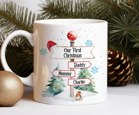 Personalised Christmas North Pole Sign Christmas with 3 Names Gift Mug