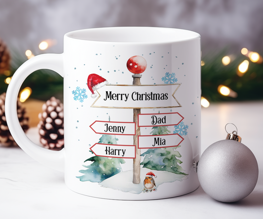 Personalised Christmas North Pole Sign Christmas with 4 Names Gift Mug