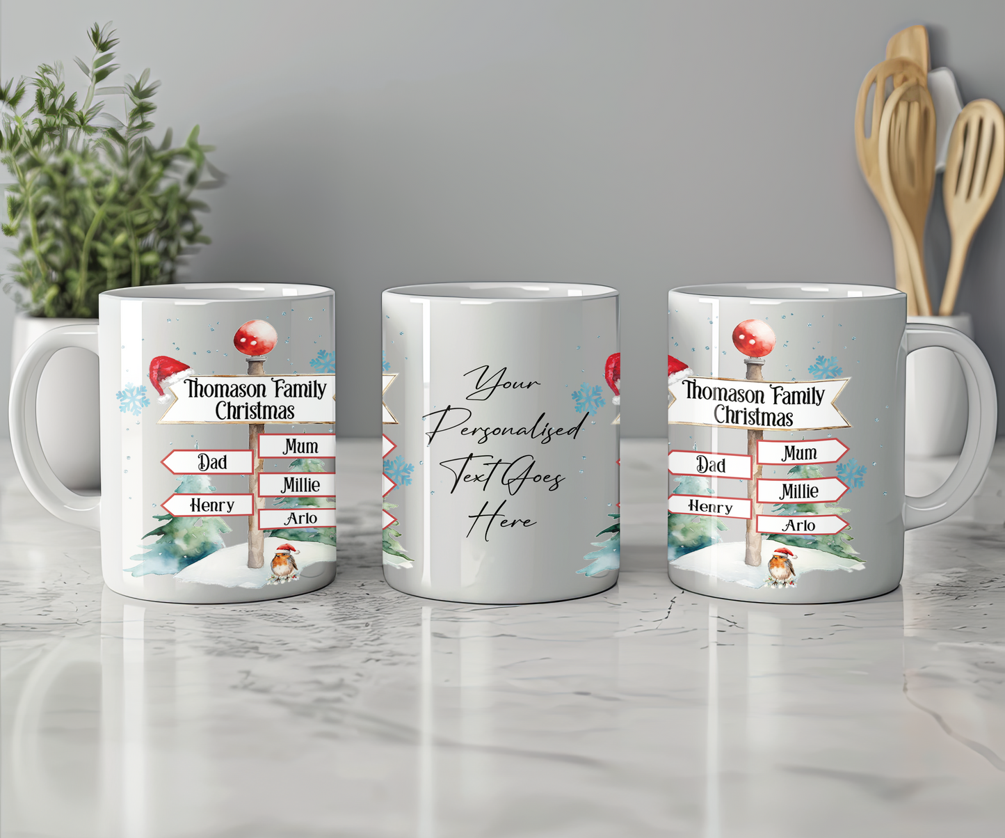 Personalised Christmas North Pole Sign Christmas with 5 Names Gift Mug
