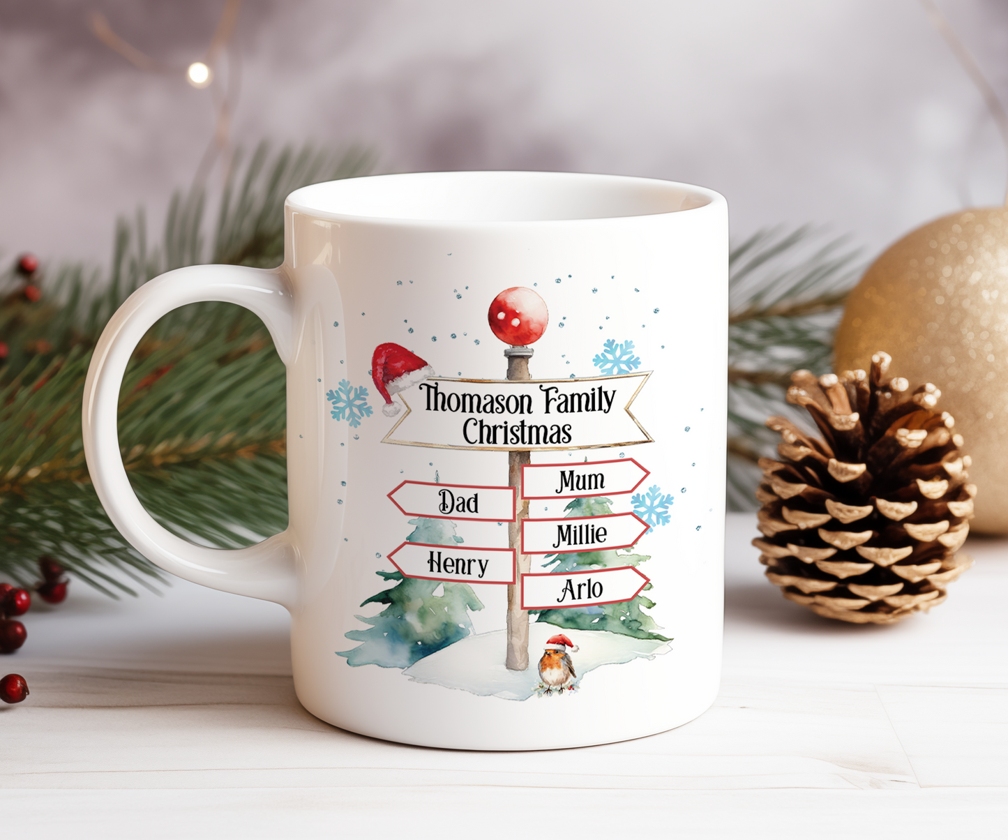 Personalised Christmas North Pole Sign Christmas with 5 Names Gift Mug