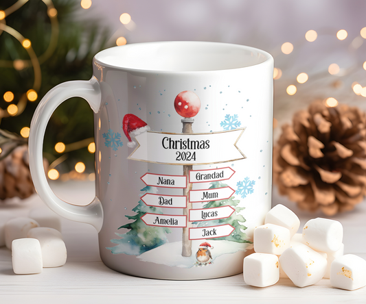 Personalised Christmas North Pole Sign Christmas with 7 Names Gift Mug