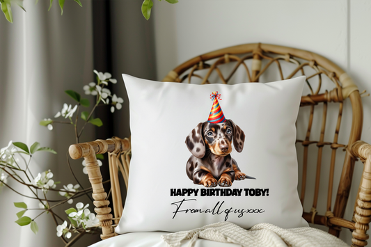 Dappled Chocolate Dachshund Personalised Birthday Congratulations Pet Keepsake Cushion Gift