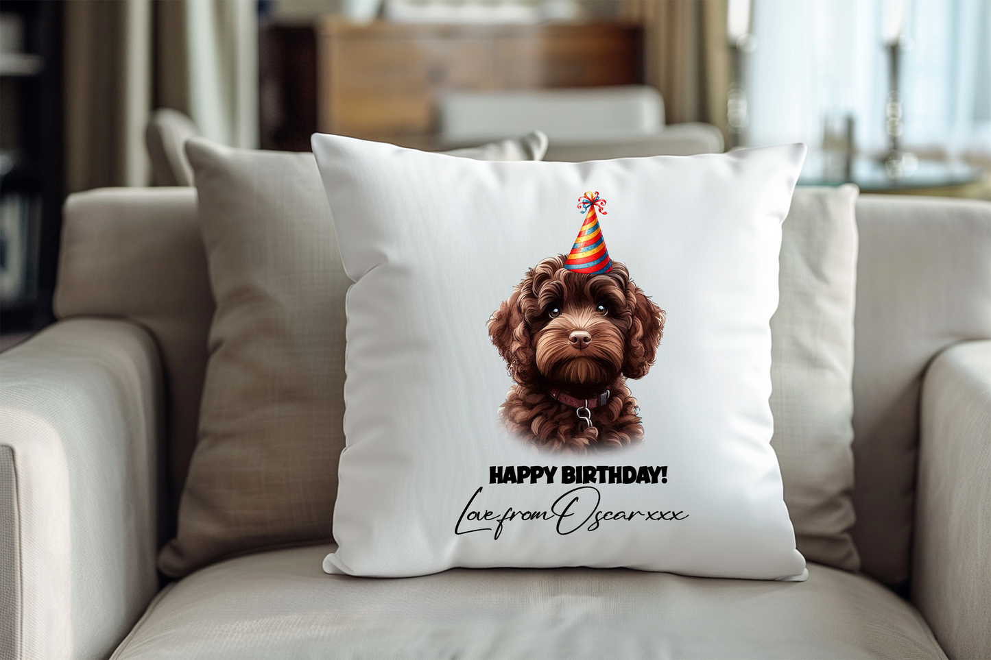 Chocolate Cockapoo Birthday Congratulations Cushion