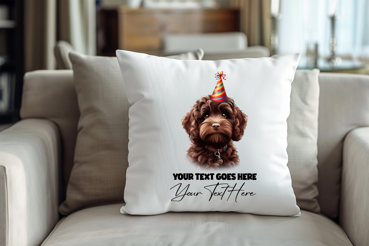 Chocolate Cockapoo Birthday Congratulations Cushion