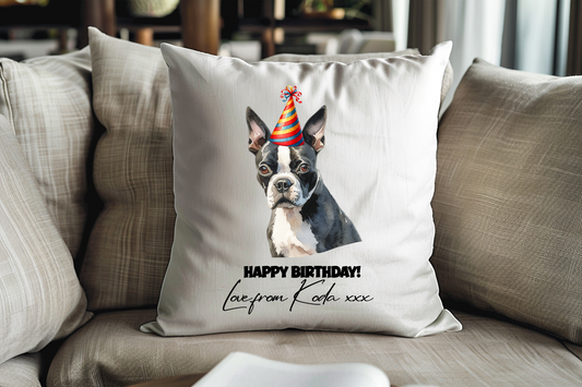Personalised Boston Terrier Birthday Party Congratulations Cushion Pet Keepsake Gif