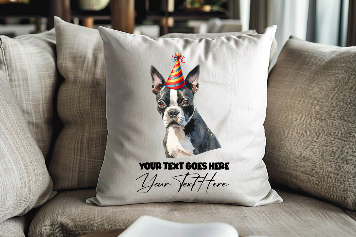 Personalised Boston Terrier Birthday Party Congratulations Cushion Pet Keepsake Gif