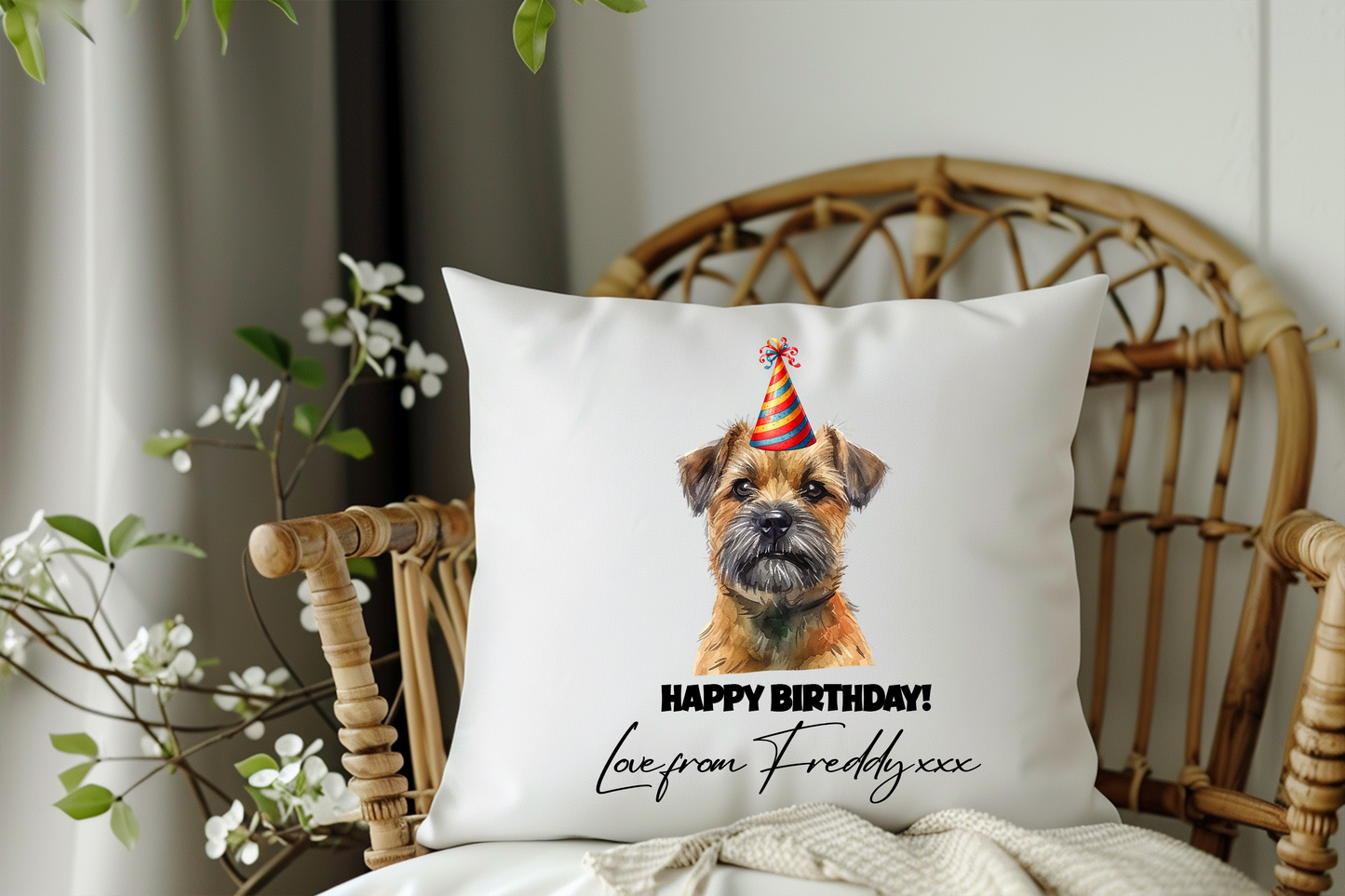 Personalised Border Terrier Birthday Party Congratulations Cushion Pet Keepsake Gift
