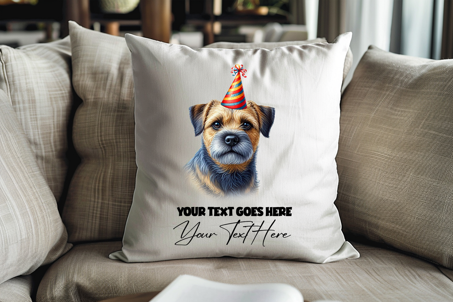 Personalised Blue and Tan Border Terrier Birthday Party Congratulations Cushion Pet Keepsake Gift
