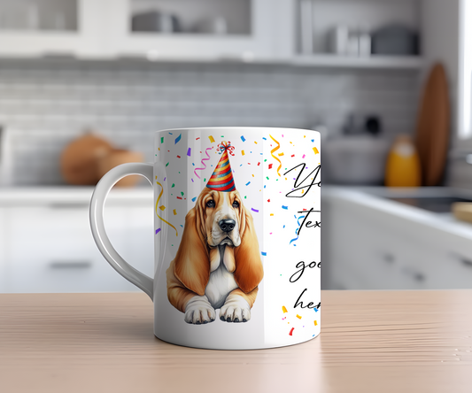 Personalised Dog Gift Mug - Basset Hound with Birthday Congratulations Party Hat