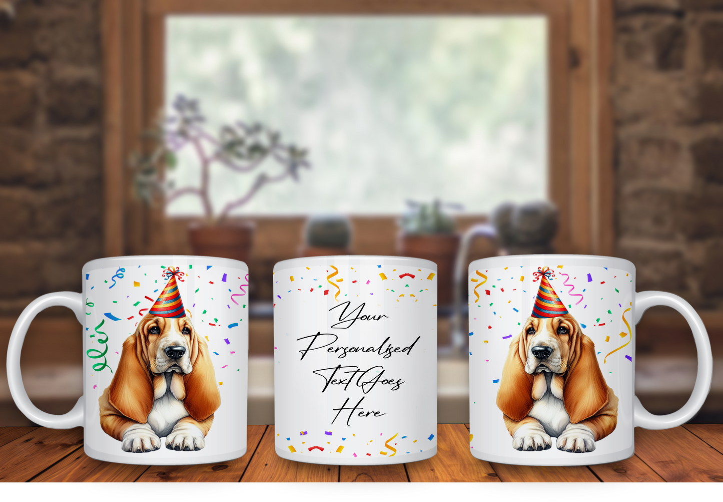 Personalised Dog Gift Mug - Basset Hound with Birthday Congratulations Party Hat